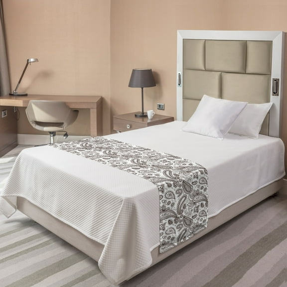 Brown Paisley Bed Runner, Classical Almond Like Shape Zentangle Look Fashion Print on Plain Background, Decorative Accent Bedding Scarf for Hotels Homes and Guestrooms, Twin, Brown White, by Ambesonne