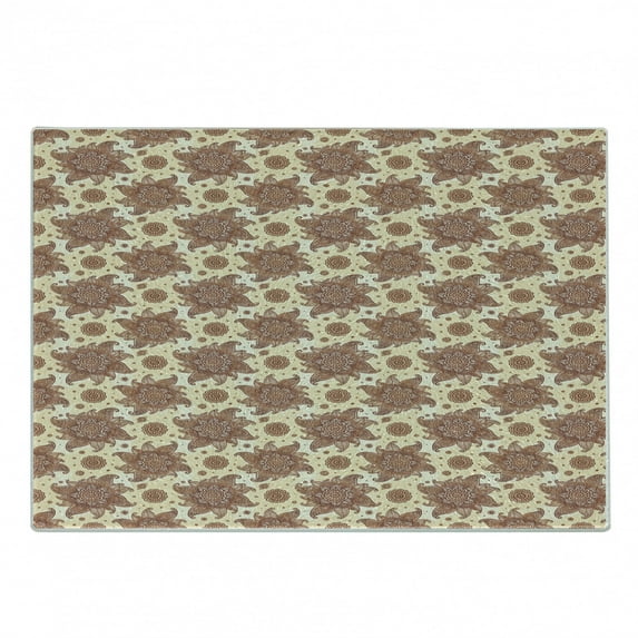 Brown Paisley Cutting Board, Continuous Tattoo Flowers Illustration in Autumn Tones, Decorative Tempered Glass Cutting and Serving Board, in 3 Sizes, by Ambesonne