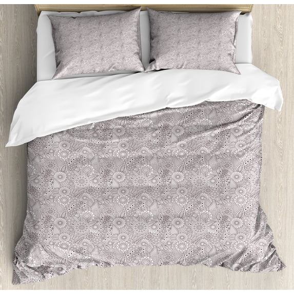 Brown Paisley Duvet Cover Set, Intertwined Detailed Sketch Motifs of Flowers and Antique Ornaments, Decorative 3 Piece Bedding Set with 2 Pillow Shams, King Size, Dark Mauve and White, by Ambesonne