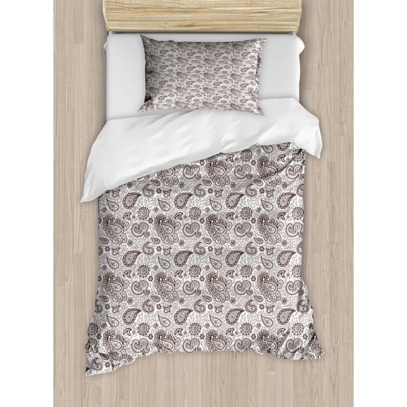 Brown Paisley Duvet Cover Set, Traditional Flower Tribal Ornaments on Plain Background Illustration, Decorative 2 Piece Bedding Set with 1 Pillow Shams, Twin Size, Brown and White, by Ambesonne