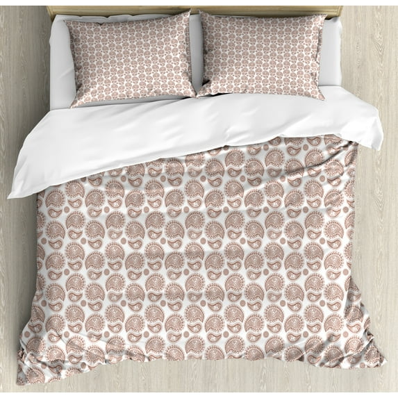 Brown Paisley Duvet Cover Set, Vintage Fashion Themed Motifs Rhythmic Tribal Illustration, Decorative 3 Piece Bedding Set with 2 Pillow Shams, Calking Size, Pale Chocolate and White, by Ambesonne