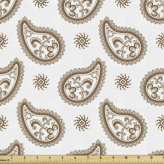 Brown Paisley Fabric by the Yard, Abstract Intricate Buta Floral Motif Illustration on Plain Background, Upholstery Fabric for Dining Chairs Home Decor Accents, 3 Yards, Caramel and White by Ambesonne