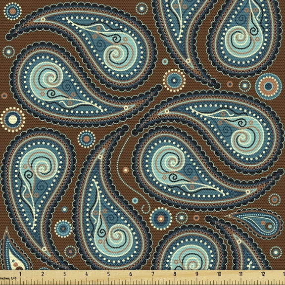 Ambesonne Brown Paisley Fabric by the Yard Upholstery, Fig Like Motifs Art, 2 Yards, Redbrown Seafoam