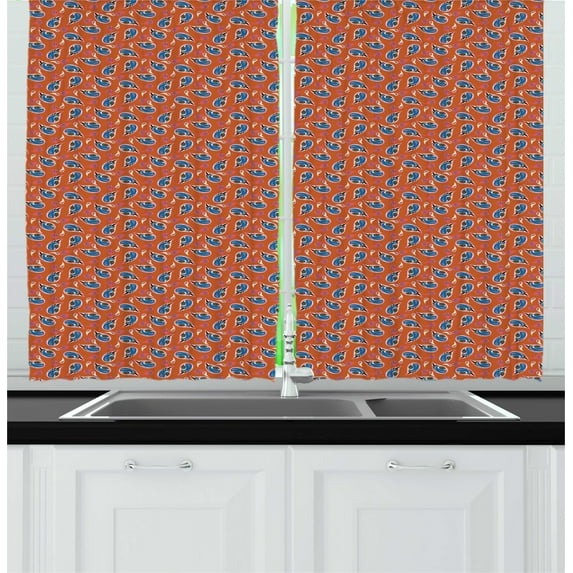 Brown Paisley Kitchen Curtains, Repetitive Folk Fashion Print in Vibrant Colors, Two Panels Drapes with Rod Pocket Room Decor, 55" X 45", Burnt Orange Cadet Blue, by Ambesonne