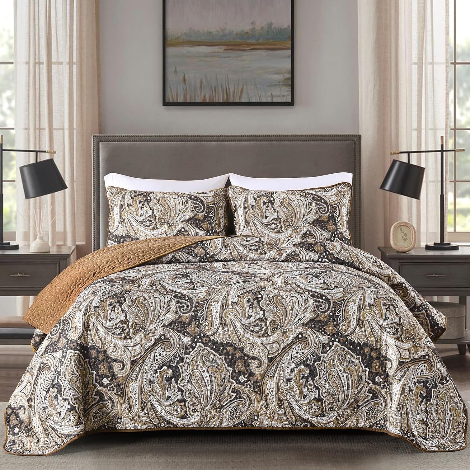 Quilt Set 3PCS Brown Bohemian Paisley Bedding Set Queen Size Lightweight Adult 90"x 96"