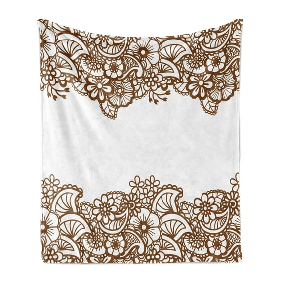 Brown Paisley Soft Flannel Fleece Blanket, Horizontal Floral Ornamented Oriental Repeating Illustration in Autumn Tones, Cozy Plush for Indoor and Outdoor Use, 50" x 70", Umber White, by Ambesonne