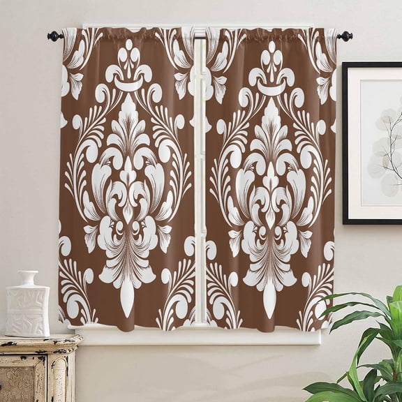 Brown Paisley Window Curtains 63 Inch Length, Retro Classical Luxurious Pattern Rod Pocket Window Treatment Kitchen Drapes for Bedroom, Cafe, Living Room, 2 Panels, 42 W x 63 L
