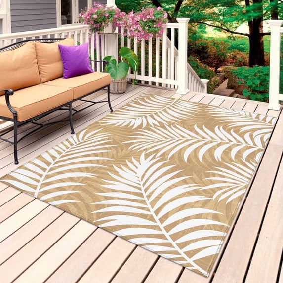 Brown Palm Leaf Outdoor Rug for Patio/Deck/Porch, Non-Slip Large Area Rug 5 x 8 Ft, Summer Coastal Botanical Tropical Indoor Outdoor Rugs Washable Area Rugs, Reversible Camping Rug Carpet Runner
