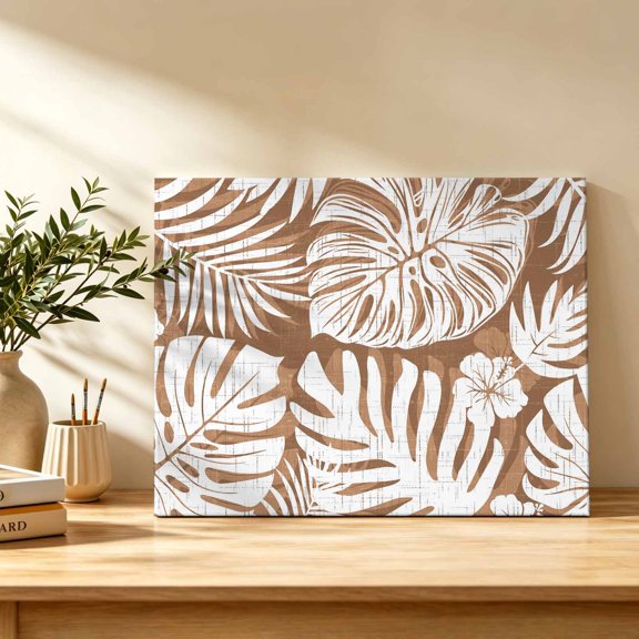 Brown Palm Leaves Canvas Wall Art, Monstera Tropical Botanical Modern Minimalist Wall Art Prints Artwork Framed Canvas Ready to Hang Art Pictures for Bathroom Bedroom Entry Desk Corner 10" x 8"
