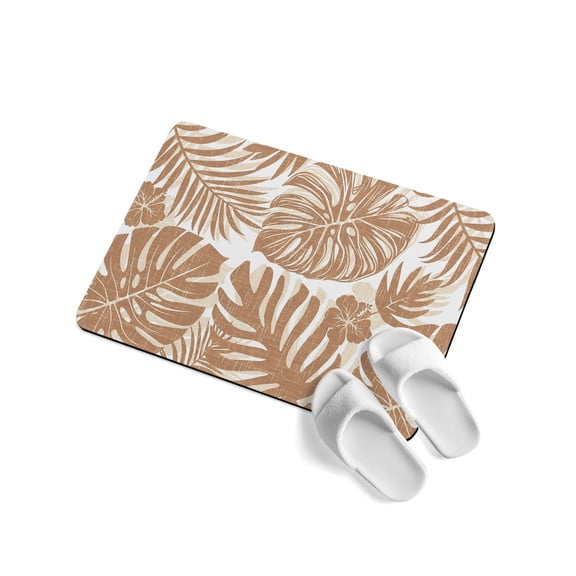 Brown Palm Leaves Soft Diatomaceous Earth Mat, Tropical Botanical Minimalist Modern Absorbent Bath Mat Non Slip Rubber Backed Quick Dry Doormat Fit Under Door for Bathroom Kitchen 16"x24"
