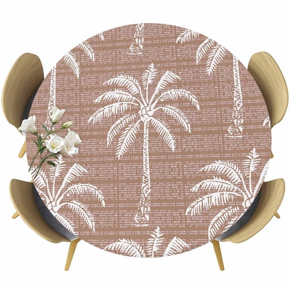 Brown Palm Tree Round Tablecloth 36-44 Inch Round Fitted Table Cloth with Elastic Edge, Summer Botanical Tropical Tree Waterproof Table Cover Protector for Outdoor Picnic Party Dining