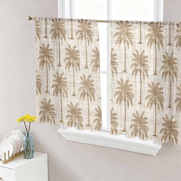 Brown Palm Tree Sheer Curtains for Living Room Bedroom, Country Linen Texture Tropical Plant Coastal Light Filtering Sheer Curtain Rod Pocket Voile Window Treaments Drapes, 52 x 45 Inches
