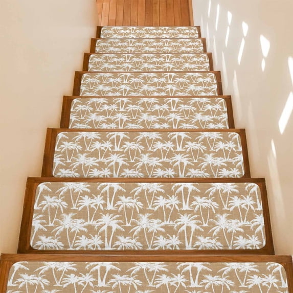 Brown Palm Tree Stair Treads Non Slip for Steps Summer Tropical Country Nautical Silver Tree Leaf 4 Pcs Reusable Adhesive Stair Runner Mats for Dogs Elders Carpet Treads Rugs for Staircase 8x30 In