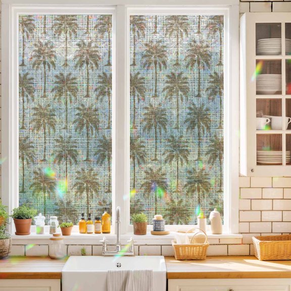 Brown Palm Tree Window Privacy Film Country Linen Texture Tropical Plant Coastal Static Cling Stained Glass Window Film Non-Adhesive Decorative Decals Rainbow Sticker 17.7"X39.3"