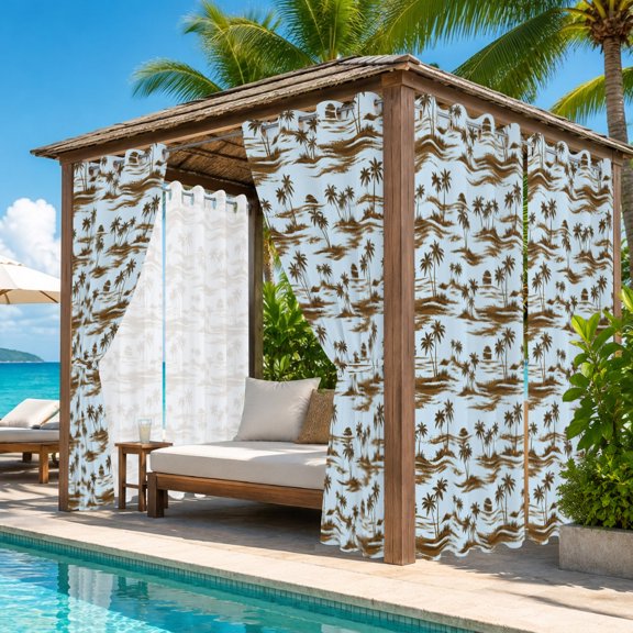 Brown Palms Tree Outdoor Curtains for Patio, Ocean Beach Forest Country Vintage Nautical Blue Waterproof Outside Curtains Privacy Blackout Curtain for Porch Pergola Cabana, 2 Panel 54W x 108L Inch