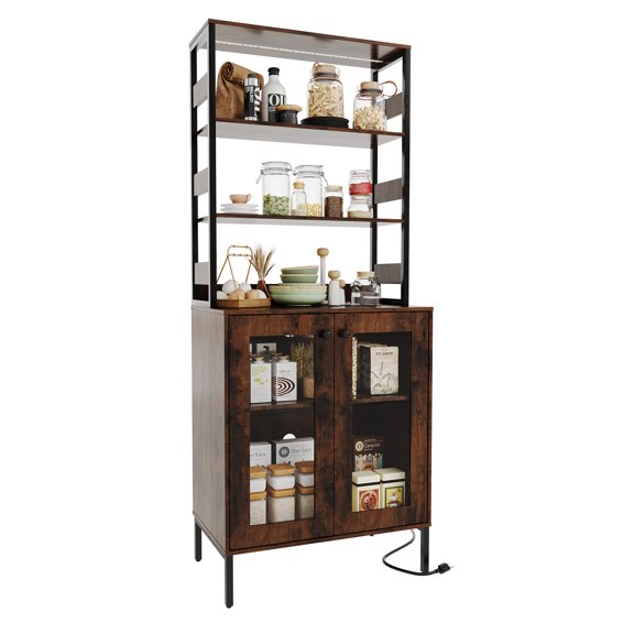 Brown Pantry Cabinet with Storage Shelves & Glass Doors, Bakers Rack with Countertop, Coffee Bar Hutch, Microwave Stand for Dining Room or Hallway