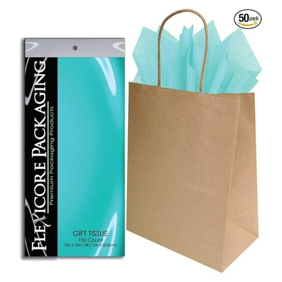 Brown Paper Gift Bags & Aqua Azure Gift Wrap Tissue Paper Size: 8 Inch X 4.75 Inch X 10.5 Inch | Count: 50 Bags | Color: Azure