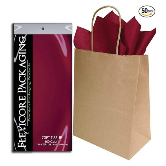 Brown Paper Gift Bags & Burgundy Gift Wrap Tissue Paper Size: 8 Inch X 4.75 Inch X 10.5 Inch | Count: 50 Bags | Color: Burgundy