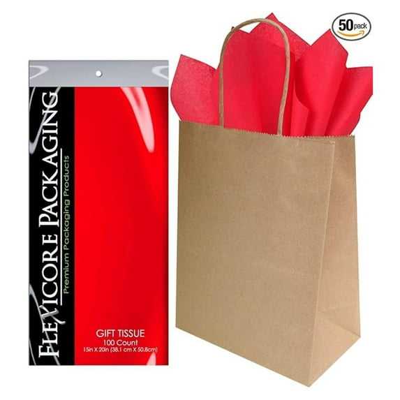 Brown Paper Gift Bags & Red Gift Wrap Tissue Paper Size: 8 Inch X 4.75 Inch X 10.5 Inch | Count: 50 Bags | Color: Red