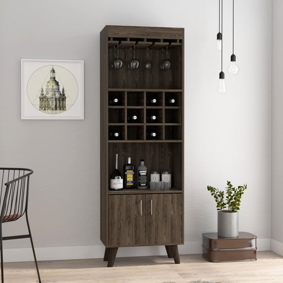 Brown Particle Board Bar Cabinet with Built-in Wine Rack and Double Doors - Dark Walnut Finish for Living Room