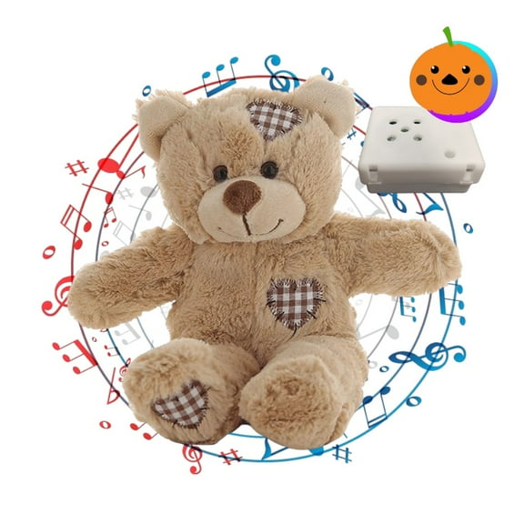 Brown Patches Bear 8 Inch Halloween Plush Toy with Removable Spooky Sound ModuleCreepy Eerie Noises & "Happy Halloween" Voice Perfect for Halloween Decor, Trick-or-Treat Gifts & Props