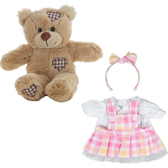 Brown Patches Bear with Plaid Pinafore and Bow Headband, 8 Inch Soft Stuffed Animal, Collectible Plush Toy, Gift for Girls & Kids