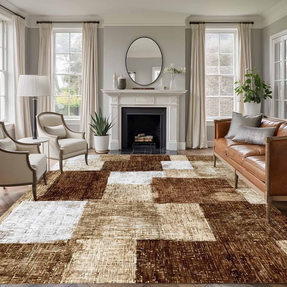 Brown Patchwork 5'x8' Large Area Rugs Modern Abstract Dark Brown Patchwork Washable Area Rugs Non-Slip Indoor Floor Mats Large Carpet for Living Room Bedroom Dining Room