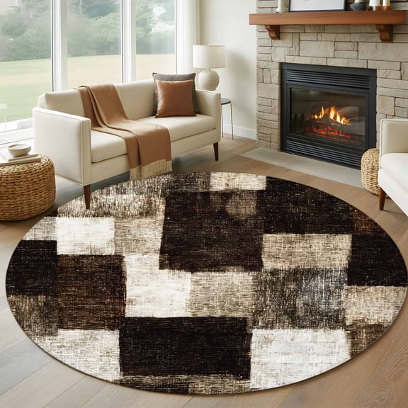 Brown Patchwork Large Round Rug 8Ft Modern Abstract Coffee Brown Patchwork Circle Area Rugs Washable Non Slip Indoor Floor Mats Carpet for Living Room Bedroom Dining Room Home Decor