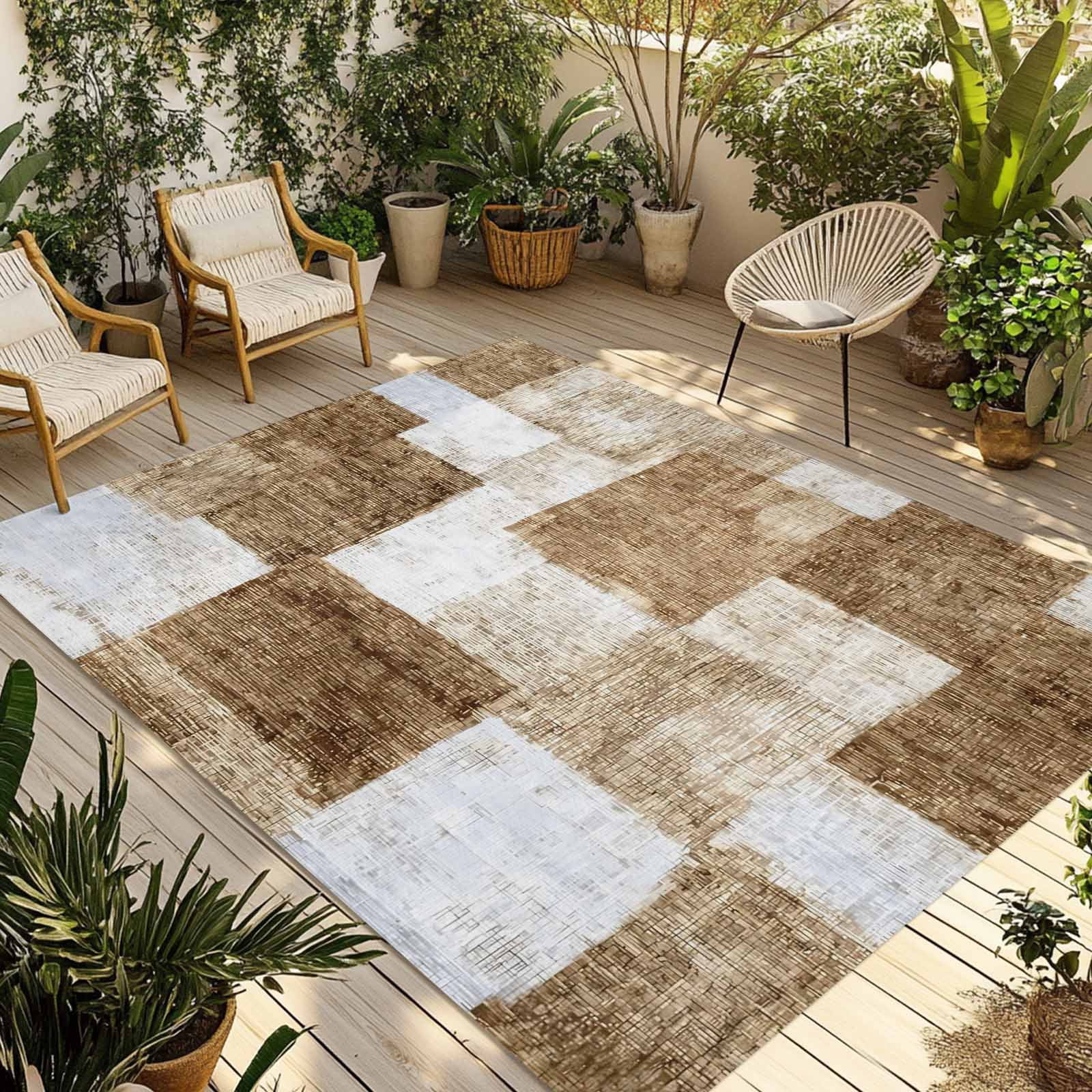 Brown Patchwork Outdoor Rug 4x6 ft Modern Abstract Light Brown ...