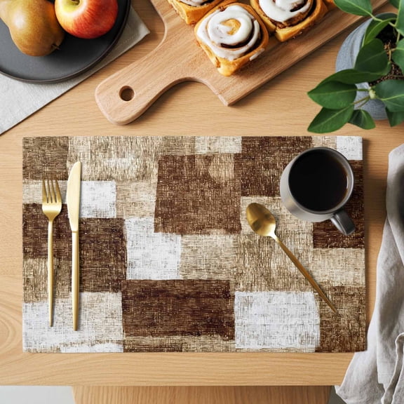 Brown Patchwork Placemats Set of 1, Modern Abstract Dark Brown Patchwork Heat Insulated Linen Place Mats, Washable Stain-Proof Table Mats for Dining Tables Holiday Decor 13x19 Inches