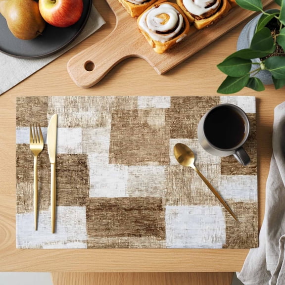 Brown Patchwork Placemats Set of 1, Modern Abstract Light Brown Patchwork Heat Insulated Linen Place Mats, Washable Stain-Proof Table Mats for Dining Tables Holiday Decor 13x19 Inches
