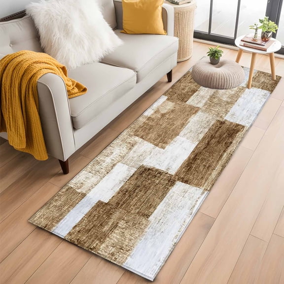 Brown Patchwork Runner Rug 2'x6' Modern Abstract Light Brown Patchwork Hallway Runner Rugs Washable Non-Slip Bedside Floor Mats Carpet for Kitchen Bedroom Laundry Room Bathroom