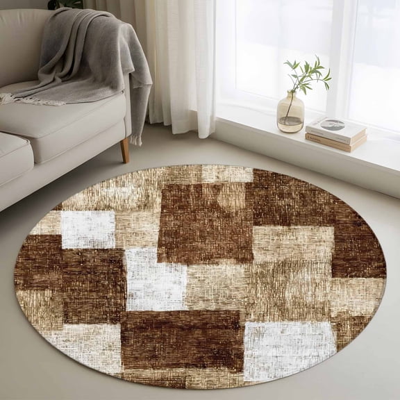 Brown Patchwork Small Round Rug 3Ft Modern Abstract Dark Brown Patchwork Area Rugs Washable Non Slip Indoor Floor Mats Circle Carpet for Living Room Bedroom Dining Room Home Decor