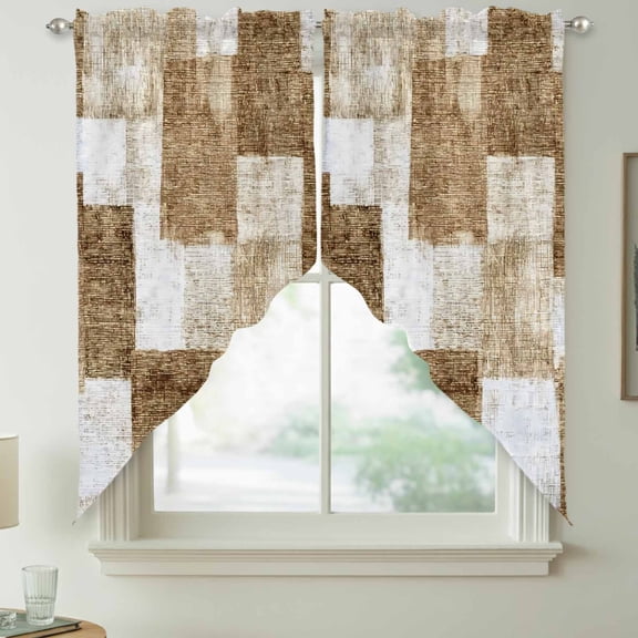 Brown Patchwork Swag Kitchen Curtain Valances, Modern Abstract Light Brown Patchwork Rod Pocket Curtains Window Treatment Decor Valances for Bedroom Bathroom, 2 Panels 36 x 45 Inch