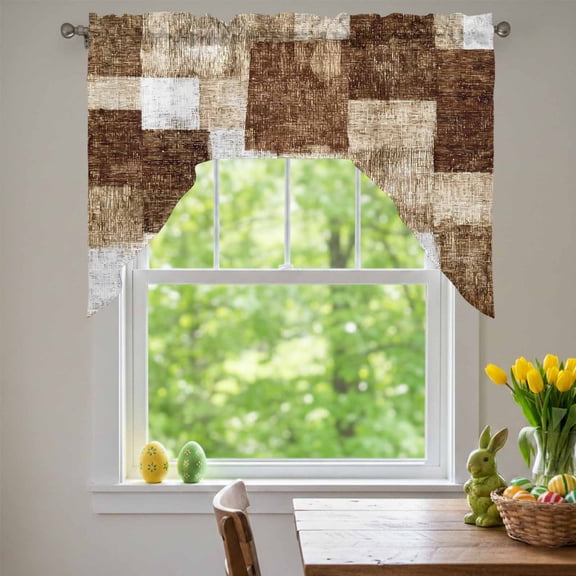 Brown Patchwork Swag Valances for Kitchen Window, Modern Abstract Dark Brown Patchwork Small Swag Valances Rod Pocket Curtain Drapes Window Treatment for Bedroom Bathroom, 56x36 Inch