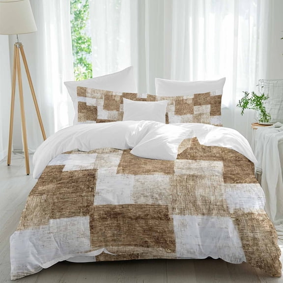 Brown Patchwork Twin Duvet Cover Set, Modern Abstract Light Brown Patchwork 4 Piece Microfiber Bedding Set with Zipper Closure, Bed Sheet and 2 Pillow Shams, Soft Bedding Cover