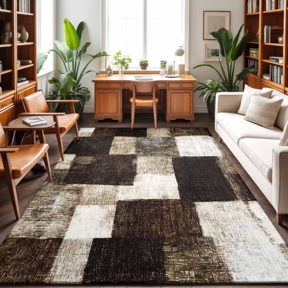 Brown Patchwork Washable Area Rug 5 x 8 ft Modern Abstract Coffee Brown Patchwork, Soft Non Slip Rugs Stain Repellent Indoor Felt Carpet for Living Dining Room Bedroom Home Office