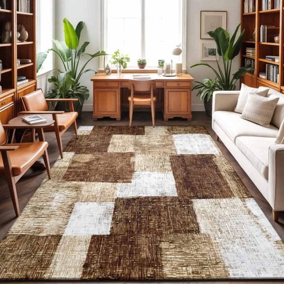 Brown Patchwork Washable Area Rug 9 x 12 ft Modern Abstract Dark Brown Patchwork, Soft Non Slip Rugs Stain Repellent Indoor Felt Carpet for Living Dining Room Bedroom Home Office