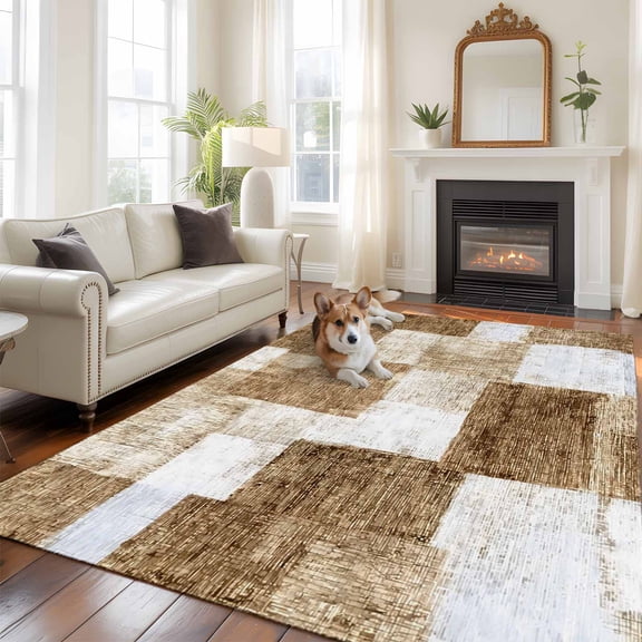 Brown Patchwork Washable Area Rug 9x12 Modern Abstract Light Brown Patchwork Low-Profile Large Area Rugs with Non Slip Backing Indoor Floor Carpet for Entrance Living Room Bedroom Home Office