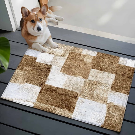 Brown Patchwork Washable Entry Rug 2x3 Modern Abstract Light Brown Patchwork Low Pile Indoor Door Mat with Rubber Backing Thin Area Rug for for Entrance, Bedroom, Kitchen, Laundry, Bathroom