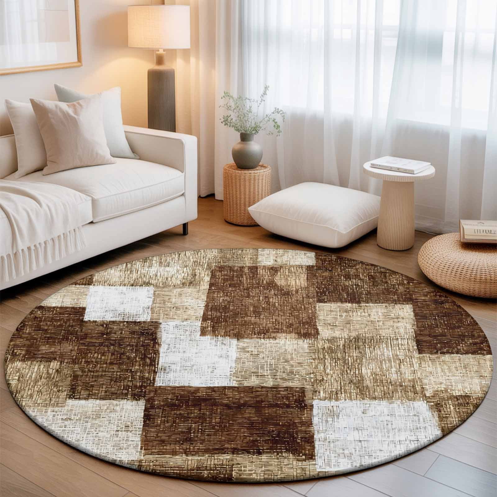 Round Offfice Rugs Brown Patchwork Washable Round Area Rug 5 ft, Modern Abstract Dark ...