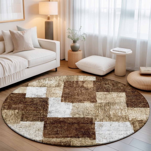 Brown Patchwork Washable Round Area Rug 5 ft, Modern Abstract Dark Brown Patchwork, Soft Non Slip Rugs Stain Repellent Indoor Felt Carpet for Living Dining Room Bedroom Home Office