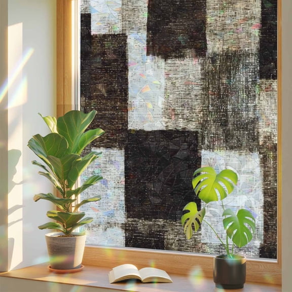Brown Patchwork Window Privacy Film, Modern Abstract Coffee Brown Patchwork Stained Glass Rainbow Film Decorative Window Clings, Static Cling Sun Blocking Stickers 17.7" x 39.3"