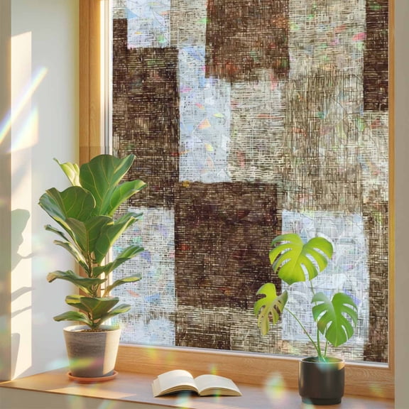 Brown Patchwork Window Privacy Film, Modern Abstract Dark Brown Patchwork Stained Glass Rainbow Film Decorative Window Clings, Static Cling Sun Blocking Stickers 17.7" x 39.3"