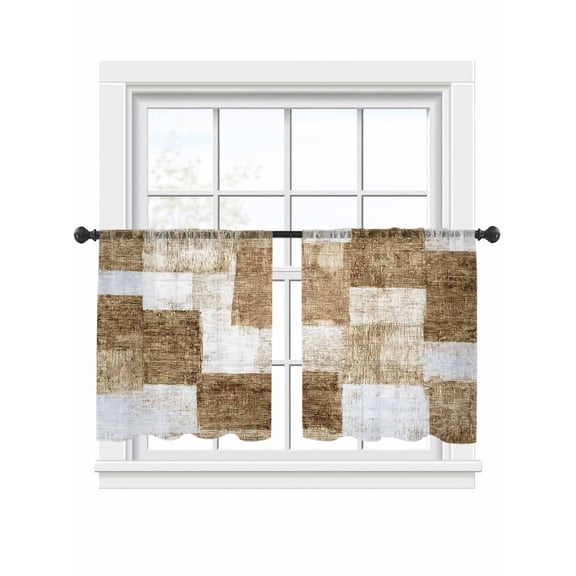 Brown Patchwork Window Sheer Curtain Modern Abstract Light Brown Patchwork Semi Curtain Sheers Light Filtering Rod Pocket Voile Drapes for Bedroom Kitchen Living Room 52 X 54 Inch, 2 Panels