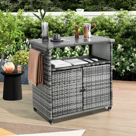 Brown Patio Bar Cart With Strong Wheels And Glass Top For Garden Backyard Entertaining 360° Rotating Wheel - Poolside