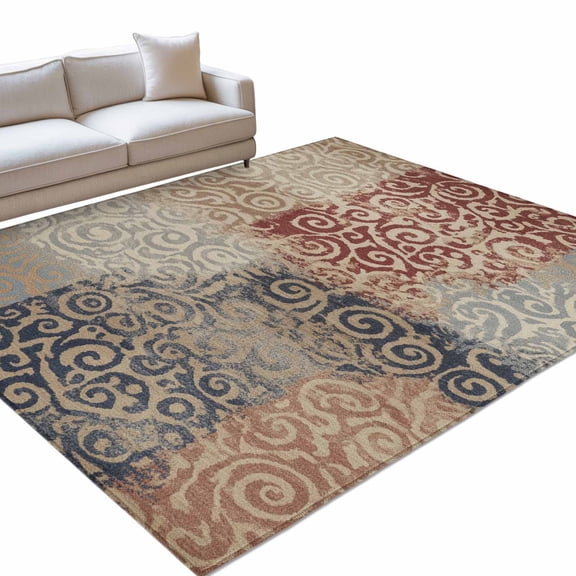Brown Pattern 6x9ft Non Slip Area Rug Retro Abstract Art Classic Brown Red Blue Pattern Washable Soft Area Rugs for Living Room, Indoor Circle Carpet for Bedroom Dining Room Kitchen