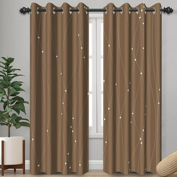 Brown Pattern Blackout Curtains For Living Room, Modern Style Brown White Polka Dot White Geometric Lines For Apartment, Simple Rounds Illustration Curtains For Living Room 26"W x 54"L (Pack of 2)