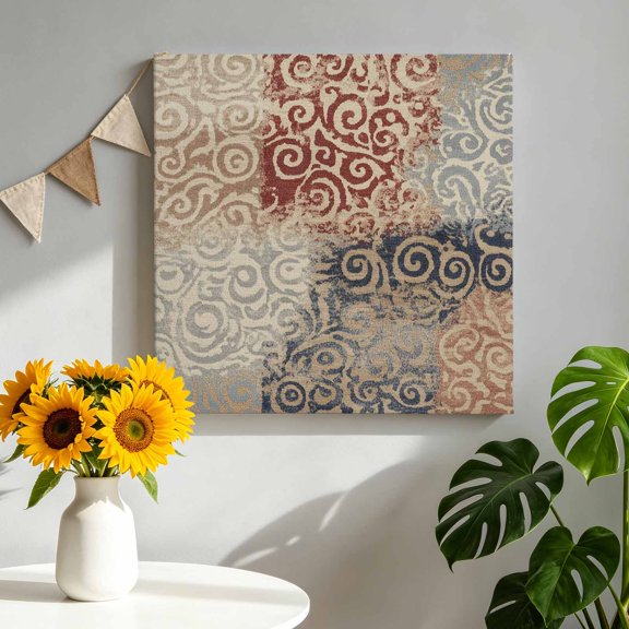 Brown Pattern Canvas Wall Art, Retro Abstract Art Classic Brown Red Blue Pattern Framed Canvas Wall Decor Picture Print Artwork Decorations for Living Room Office Ready to Hang 10" x 10"