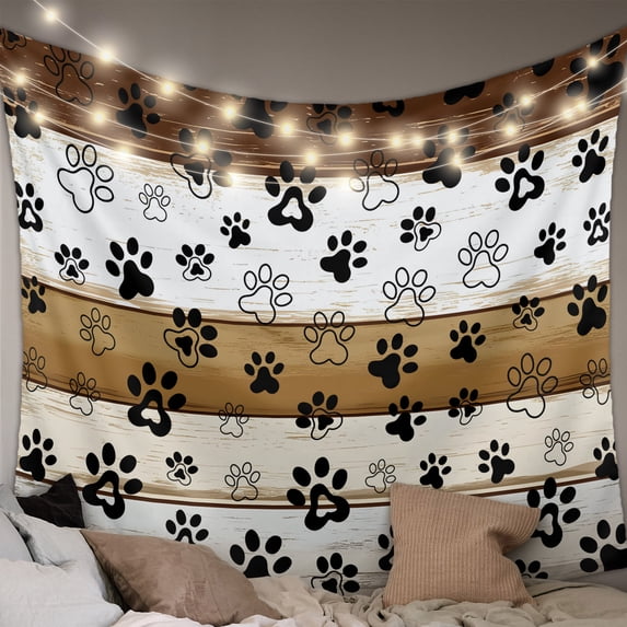 Brown Paw Print Large Tapestry for Bedroom Wall Hanging Tapestry,Vintage Farmhouse Country Wooden Grain Ceiling Backdrop Tapestries Poster Blanket Wall Decor for Teens Room Living Room 100" x 59"